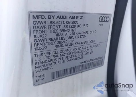 2021 Audi Q8 Premium Plus 55 Tfsi Quattro Tiptronic from USA, damaged, VIN WA1EVAF16MD038905